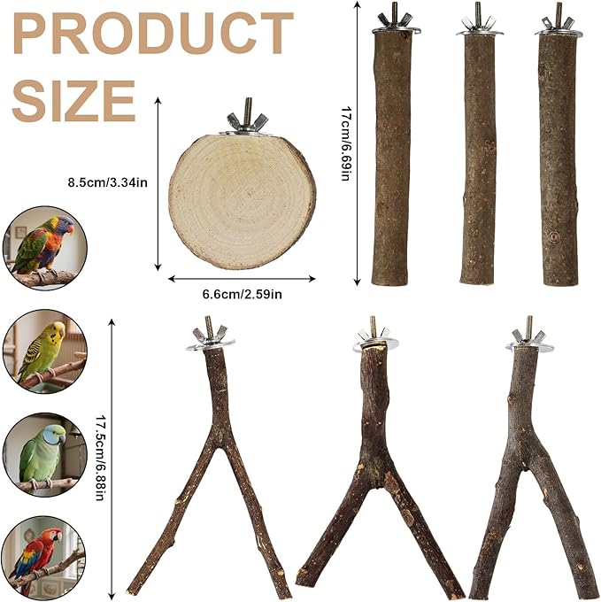 8PCS Bird Perch Natural Wooden Parrot Parakeet Toy Stand Branches Bird Cage Accessories Fork Toys Hanging Multi-Branch Perches Platform Hammock Swing Toy for Parakeets Cockatiel Conure