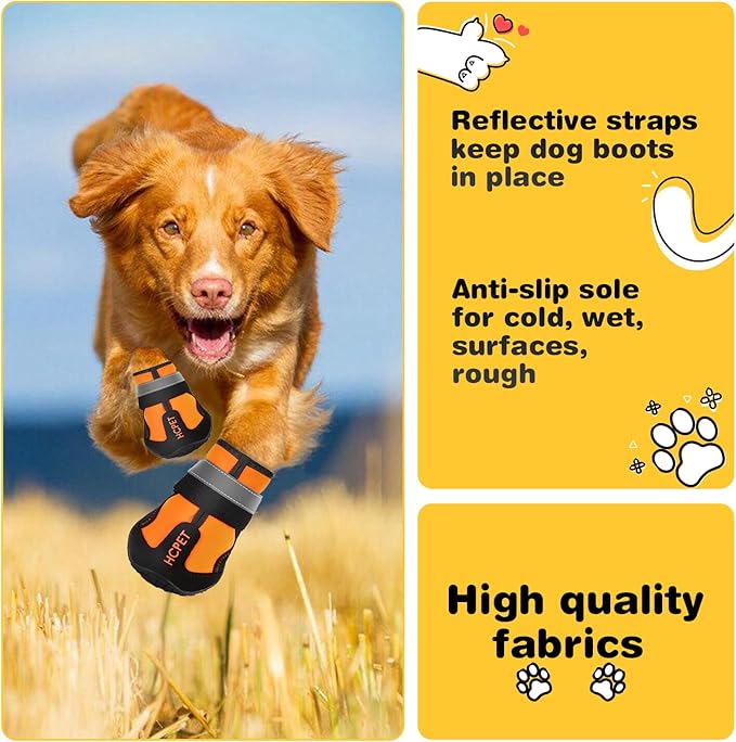 Hcpet Dog Shoes, Dog Boots for Small Dogs, Waterproof Medium Dog Booties Paw Protector for Summer Hot Pavement, Winter Snowy Day, Outdoor Walking, Indoor Hardfloors Anti Slip Sole Orange Size 4