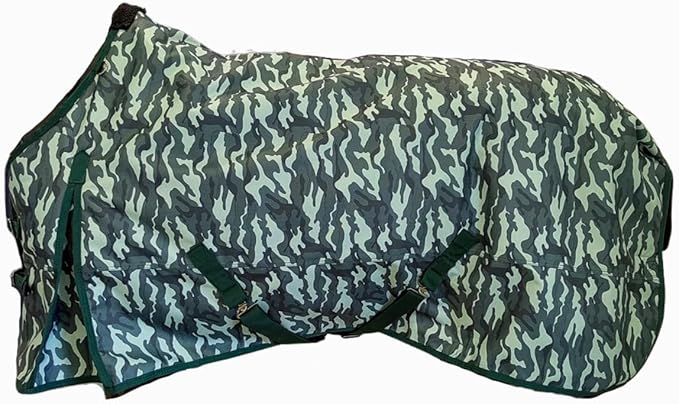 AJ Tack 1200D Waterproof Winter Horse Blanket with Hood - 400g Heavyweight Turnout with Fleece Collar, Shoulder Gussets & Tail Flap - Camouflage 66"