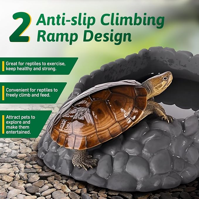 Reptile Water Dish Large Bearded Dragon Food Bowl, Rock Corner Water Dish for Reptiles Snake Water Bowl Feeding for Leopard Gecko Tortoise Lizard Tank Accessories, Terrarium Reptile Pool with Ramp
