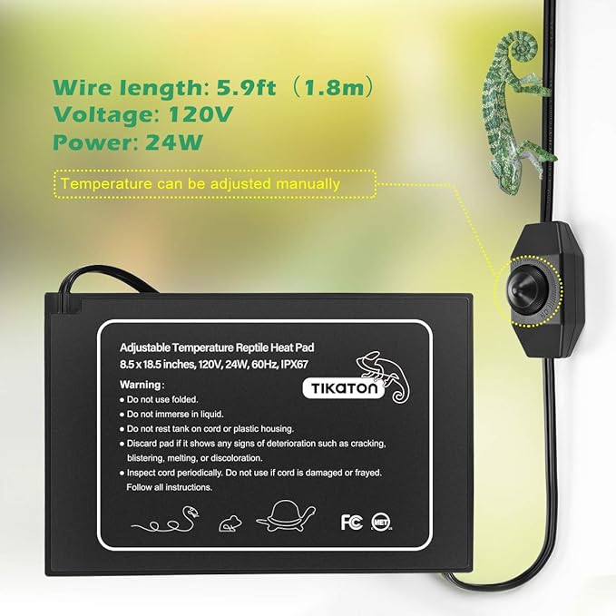 Tikaton Reptile Heat Pad - Adjustable Temperature Under Tank Heater for 10-20gal/30-40gal Tank, Terrarium Heat Mat for Turtle/Snake/Lizard/Frog/Spider/Plant Box