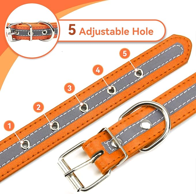 PETCARE Reflective Dog Collar with Cute Paw Rivet Studded Funny Soft PU Leather Adjustable Puppy Dog Collars for Small Medium Large Dogs Cats (Orange,Large)