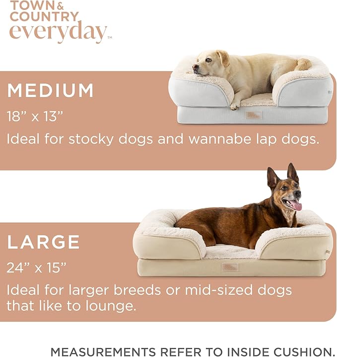 TOWN & COUNTRY EVERYDAY CuddleTown Comfy Solid Bolster Sofa Pet Bed, Supportive & Calming Egg Crate Foam, Non-Slip Bottom, Machine Washable Cover, Warm Taupe, Large 35"x25"x8"