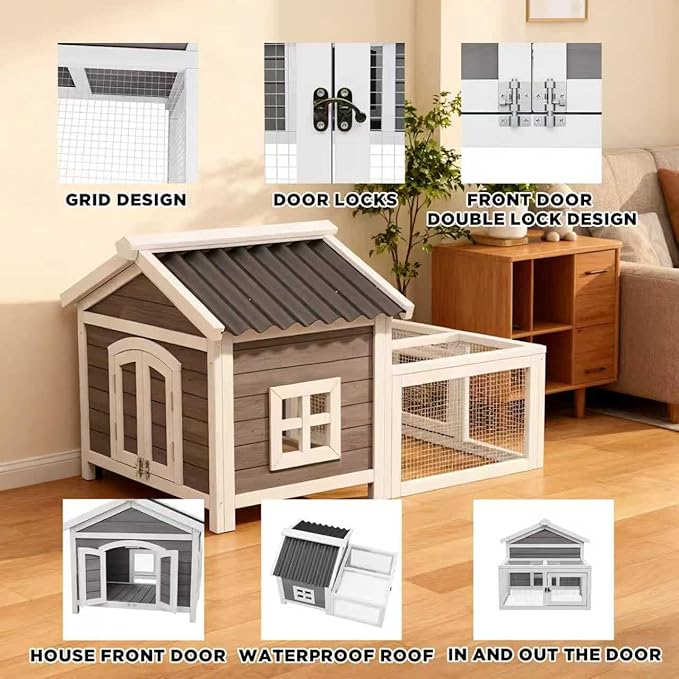 Wooden Rabbit Hutch Indoor and Outdoor,Chicken Coop,Bunny Cage Rabbit House with Waterproof Roof,Windows and Ventilation Door for Quails Ducks Guinea Pigs (White+Black)