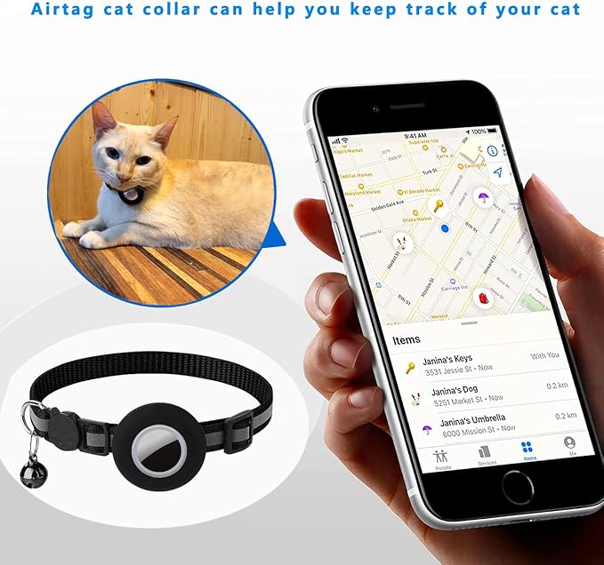 Tracker-Ready Breakaway Cat Collar (No Tracker Included) - Detachable GPS Holder + Safety Bell - Adjustable Reflective Collar with Quick-Release Buckle - for AirTag/Tile Compatible (Light Blue)