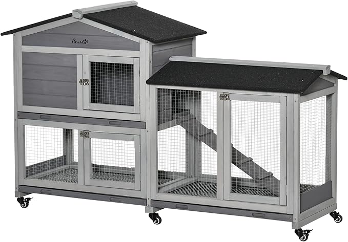 PawHut 62" Rabbit Hutch, Wooden Bunny Hutch, Guinea Pig Cage, Small Animal Enclosure with Wheels, Run Area, Removable Tray, Asphalt Roof, Lockable Doors and Ramp, for Rabbits, Chickens, Ducks, Gray