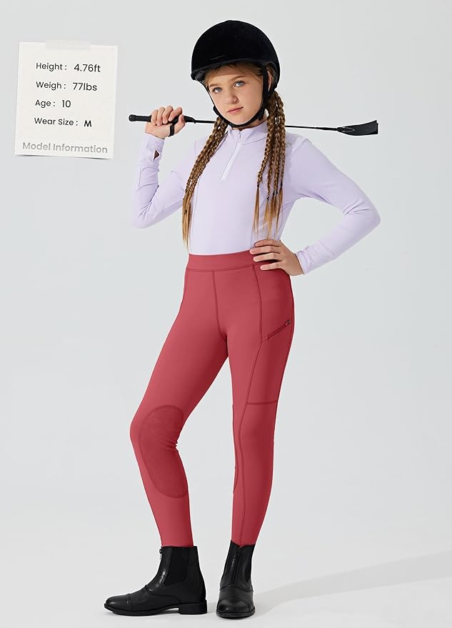 Willit Girls Horse Riding Pants Tights Kids Equestrian Breeches Knee-Patch Youth Schooling Tights Zipper Pockets