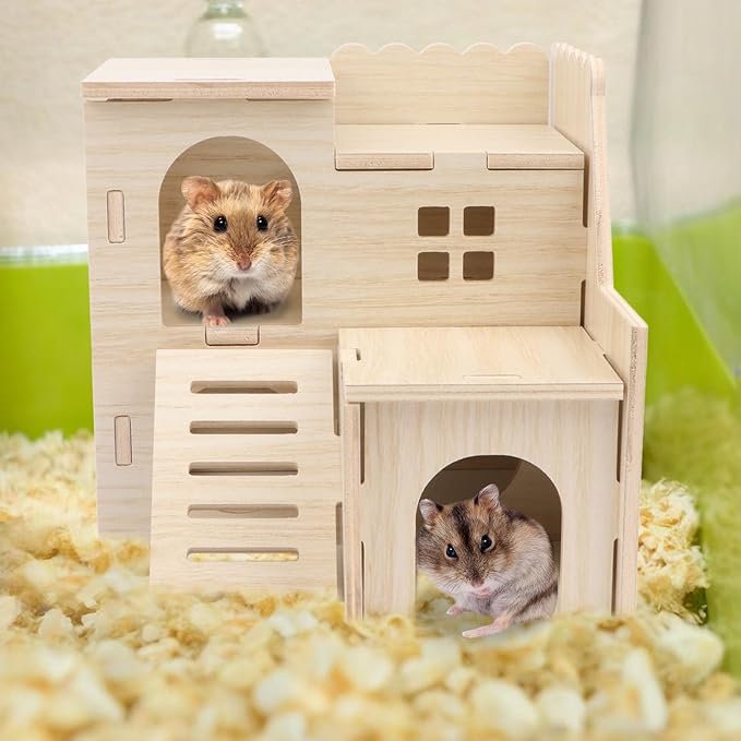 Wontee Dwarf Hamster Hideout Wooden House Maze Fun Slide Double-Decker Hut for Dwarf Hamsters Gerbils Mice or Similar Sized Pets
