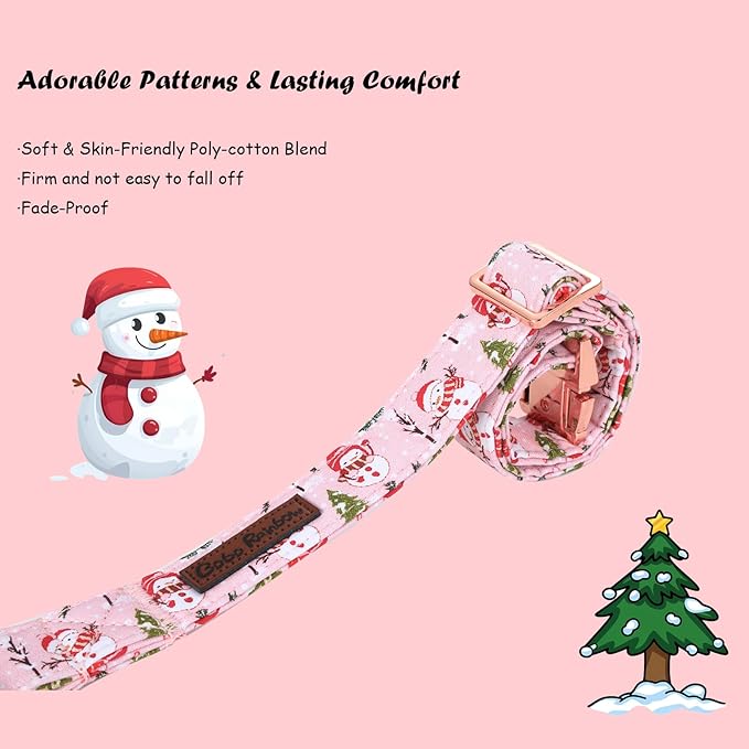 Christmas Dog Collar, Christmas Tree and Snowman Print Cute Winter Holiday Collars Cotton Adjustable Comfortable Pink Dog Collar with Bow,Stylish Collars for Medium Girl Dogs
