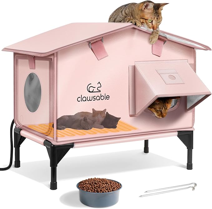 Upgraded Heated Cat House for Outside Escape Door, Highly Insulated Heated Outdoor Cat House Waterproof Awning, Weatherproof Outdoor Feral Cat Shelter for Stray Winter