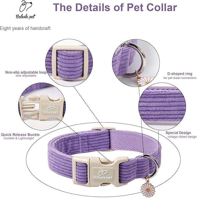 Cute Corduroy Dog Collar - Lavender Adjustable Dog Collars for X-Small Dogs 4-10lbs, Fade-Proof with Secure Snap & Little Charm, Christmas Birthday Gift, XS
