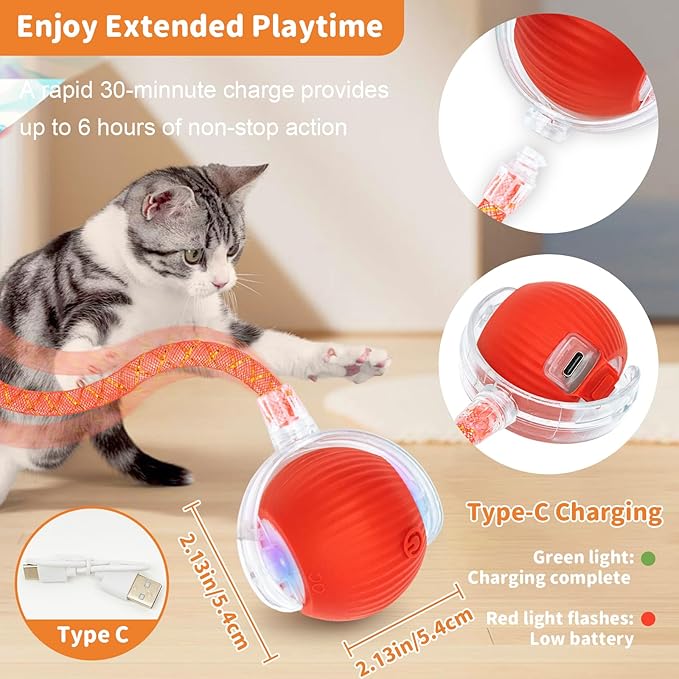 Interactive Cat Toys for Indoor Cats Smart Automatic Ball Rolling for Bored Kitten Pet Upgraded Speedy Moving Chase Dogs Toy Red Dragonfly