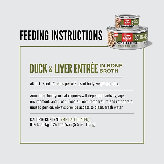 ORIJEN Chunks & Shreds Wet Cat Food Duck & Liver Entrée 5.5oz Cans (6 Count)