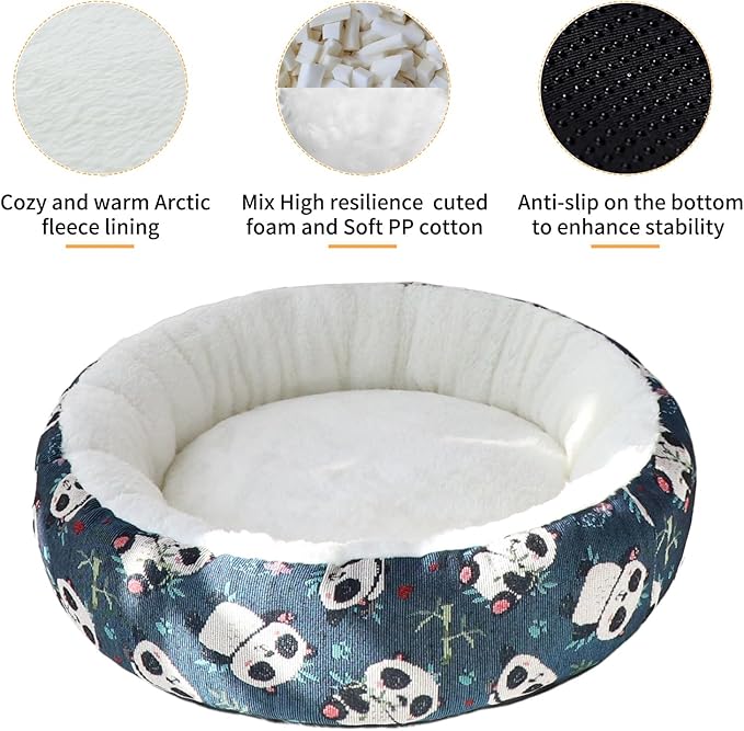 Circular Calming Dog & Cat Bed Anti-Anxiety Washable with Anti Slip Backing Donut Cuddler with Cute Jacquard Patterns for Cat and Small Puppy (XS-20in, Panda)