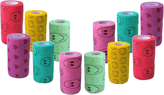 Prairie Horse Supply 3 Inch Vet Wrap Tape Bulk (Assorted Patterns) (Pack of 12) Self Adhesive Adherent Adhering Flex Bandage Grip Roll Dog Cat
