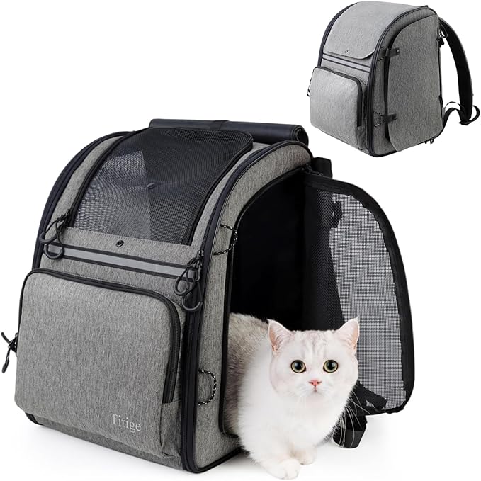 Premium Dog & Cat Carrier Backpack for Travel, Hiking & Vet Visits - Solid Durable Pet Backpack with Breathable Mesh, Safety Strap, Anti-Anxiety Curtain & Storage Pockets, Gray