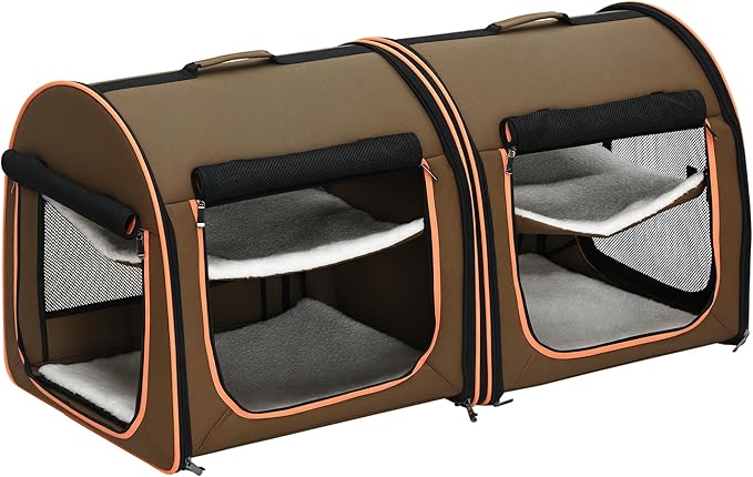 PawHut 39" Portable Soft-Sided Cat Carrier, Cat Kennel, Travel Dog Crate with Divider, Two Compartments, Soft Cushions & Storage Bag, Easy to Fold, Brown