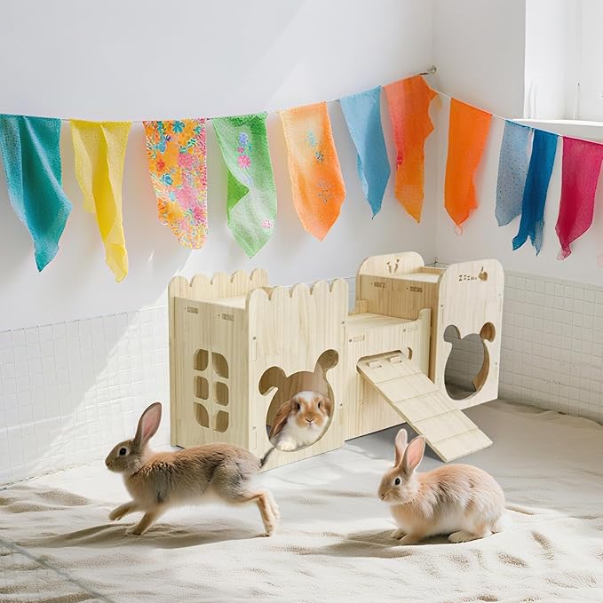 Natural Wooden Rabbit Castle House,Extra Large Bunny Castle for Rabbit Guinea Pig Chinchilla Ferret,Sturdy Bunny House with Stair