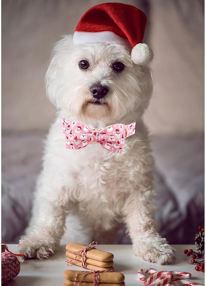Dog Collar, Christmas Pink Santa Claus Cotton Pet Collar Bow Holiday Girl Boy Cute Puppy Collar Adjustable Pet Collar for X-Large Dogs