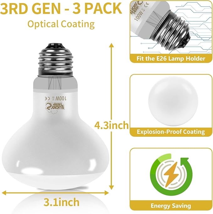 LUCKY HERP New Upgrade 3 Pack 100W Reptile Heat Lamp Bulb (3nd Gen, Safer), Amphibian UVA Heat Light Bulb, Reptile Basking Daylight Spot Lamp Bulb for Bearded Dragon, Lizard, Tortoise Heating Use