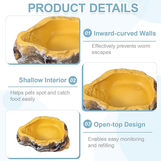 Reptile Food Bowl, Reptile Feeding Dish Corner Bowl Water Resin Rock Worm Feeder Dish XS (3.7 in, Yellow), Intended for Lizards/o/Scaled Pet/Leopard o/Spiders