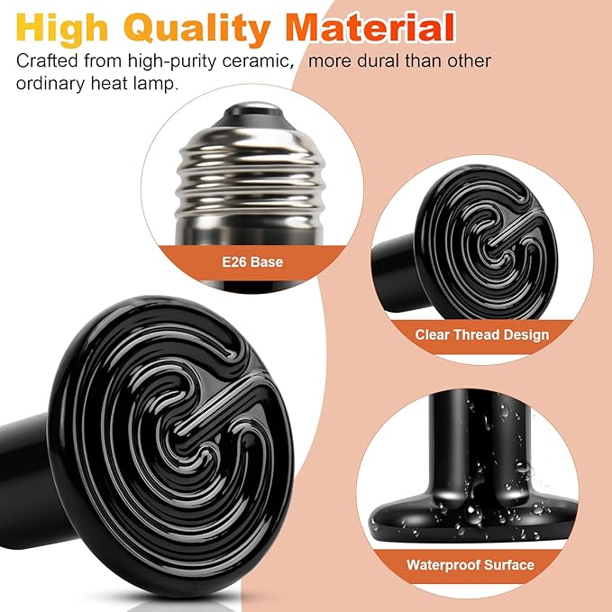 MIXJOY 100W Reptile Heat Lamp 2Pack Ceramic Heat Emitters Reptile Heat Lamp Bulbs, No Light Emitting Ceramic Heat Bulbs for Amphibian Terrarium Gecko Lizard Bearded Dragon Turtle Chicken Snake