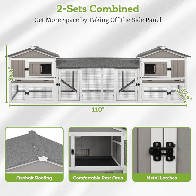 57" L Wooden Rabbit Hutch Outdoor Indoor with Waterproof Roof, 2-Story Bunny Hutch with Pull Out Tray, Chew-Resistant Ramp, Ideal for Rabbit, Guinea Pig, Hamster (57" L X 21" W X 33.5" H)