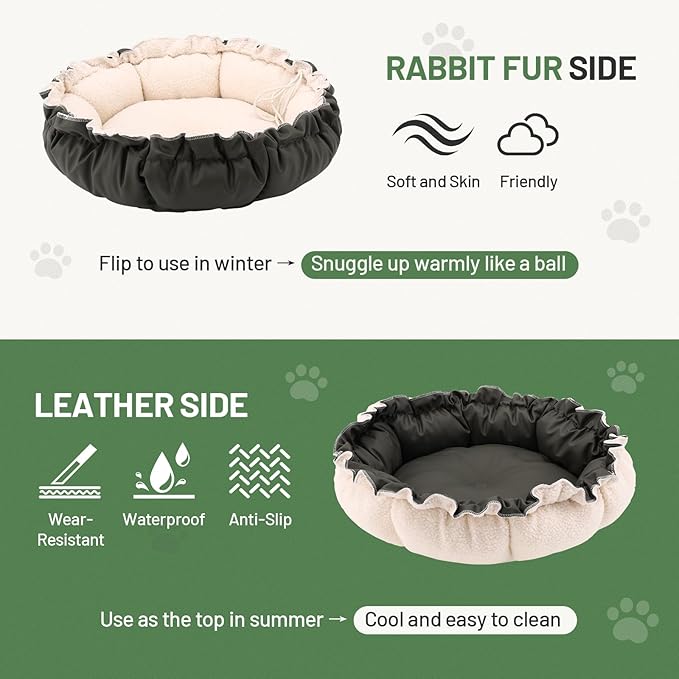 All-Season 2-Sided Pet Bed, 20.8 Inch Adjustable Drawstring Cat Bed and Small Dog Bed, Reversible with Cozy Warm Plush Sherpa Side & Cool Anti-Slip Water-Resistant Bottom for Cats and Small Dogs