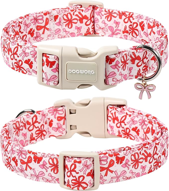 DOGWONG Cute Dog Collar, Pink Bow Pattern Dog Collar, Girl Female Dog Collars with Strong Plastic Buckle for Small Dogs,M