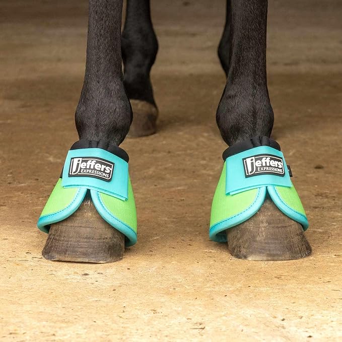 Jeffers Expression No Turn Bell Boots for Horses - Lime & Turquoise, Medium | Shock Absorbing Hoof Protection | Secure Double Hook & Loop Closure, Perfect for Turnout, Training, & Riding - 1 Pair