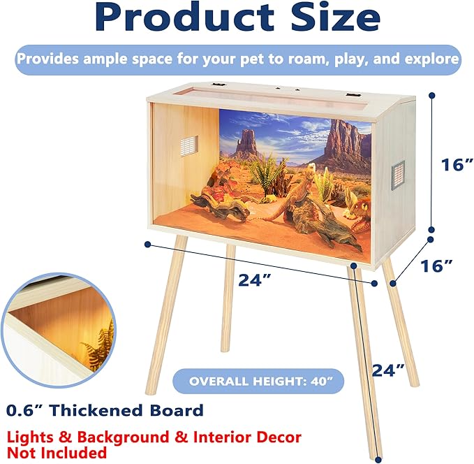 Prolee 26 Gallon Reptile Tank, Tempered Glass Bearded Dragon Tank with Wooden Roof and Lockable Doors, Large Lizard Habitat for Snakes, Iguanas, Chameleons (Oak)