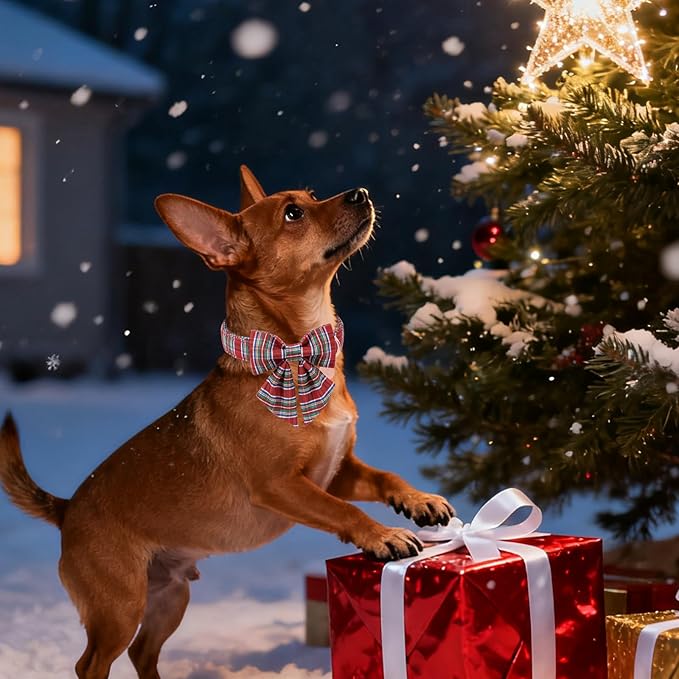 Christmas Plaid Dog Collar with Bow, Red and Blue Check Adjustable Pet Collar with Quick Release, Christmas Stripes Bowtie Collar for Small Medium Large Dogs S