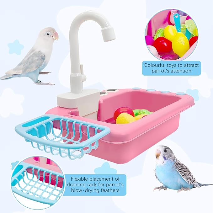 PINVNBY Parrot Bath Tub Bird Automatic Bathtub with Faucet Multifunctional Parakeet Shower Box Bird Bathroom Toys Cage Accessory for Small Medium Birds (Pink