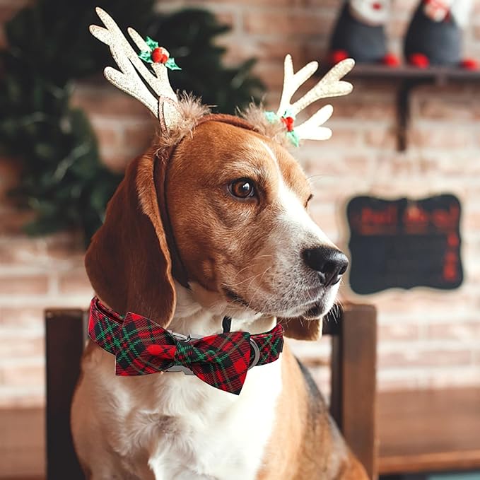 Dog Collar, Christmas Dog Collar Plaid Pet Collar Bow Holiday Bows Girl Boy Puppy Collar Adjustable Pet Collar for X-Large Dogs