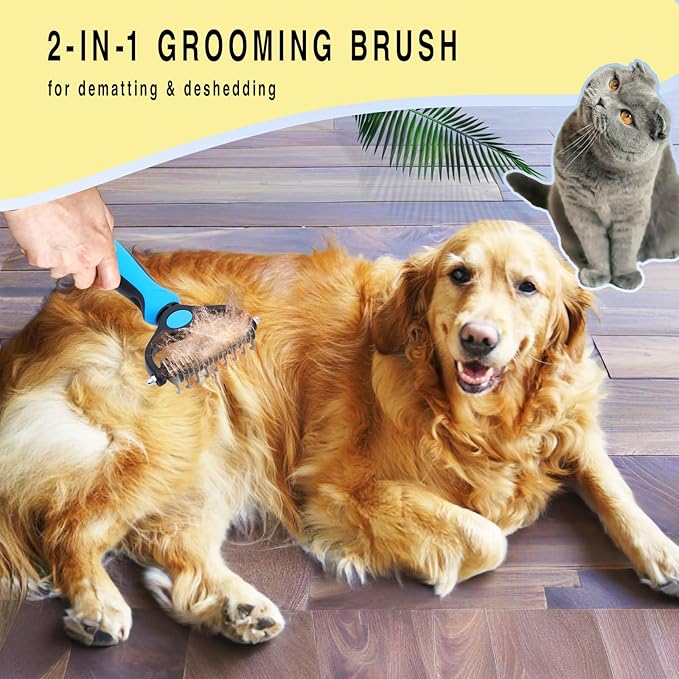 Pet Grooming Rake for Dogs & Cats - Double-Sided Deshedding and Dematting Tool, Gently Remove 95% of Loose Undercoat & Mats for Long-Haired Pets, Painless Fur Brush for Shedding Control (M)