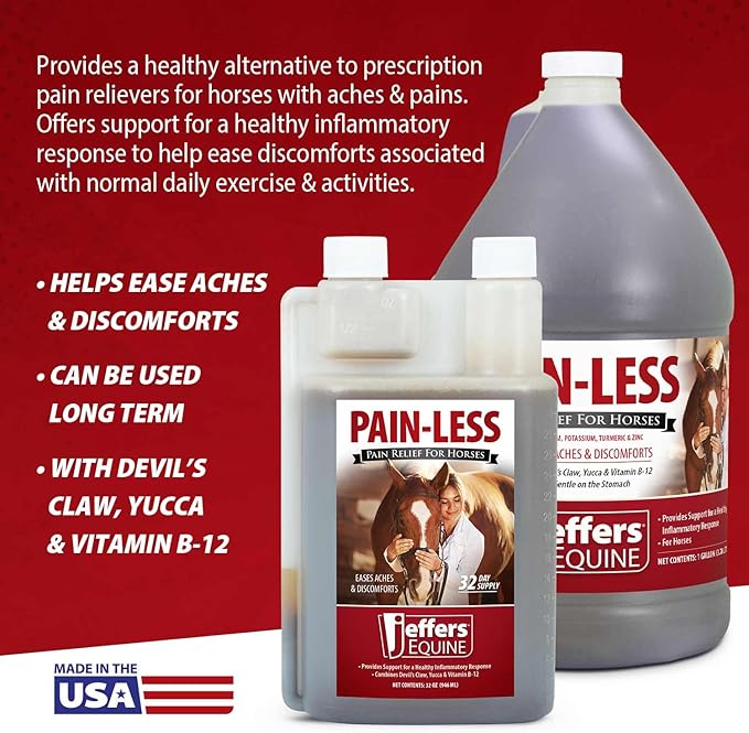 Jeffers Equine Pain-Less Vitamin Formula for Horses – 32 oz Supplement – Support Healthy Inflammatory Response, Comfort – Devil’s Claw, Yucca, and Vitamin B-12 – Gentle on Stomach – Made in The USA