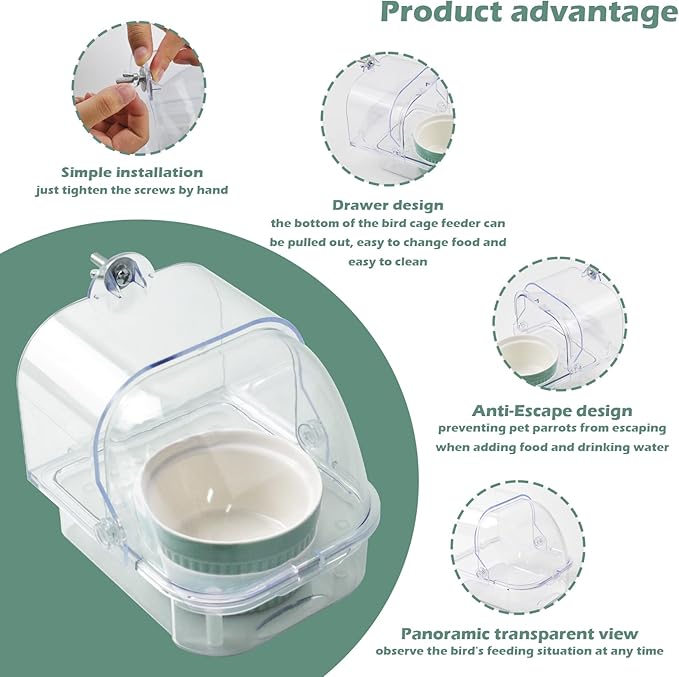 Bird Cage Feeder with Ceramic Bowl,2 in 1 No Mess Bird Feeder and Transparent Parakeet Bathtub with Bottom Drawer Hanging Tube Shower Box for Birds Budgies Parakeet Small Parrot Cockatiels