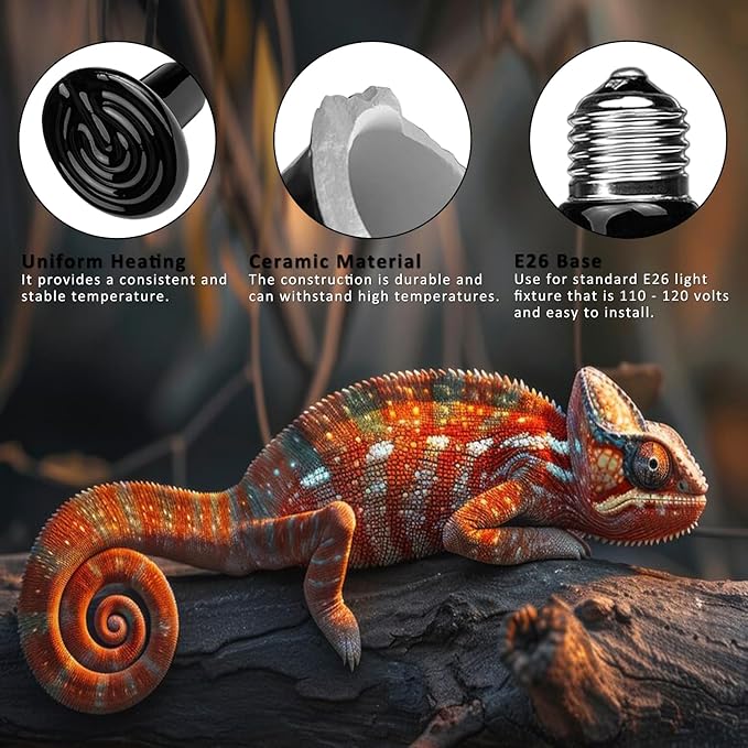 DOMICA 75W 2 Pack Reptile Heat Bulbs for Beared Dragon, Ceramic Heat Emitter, E26 No Light Heating Bulbs for Turtle, Lizard, Snake, Amphibians, Pet Brooder Coop Chicken (75W-Small to Medium Tank)