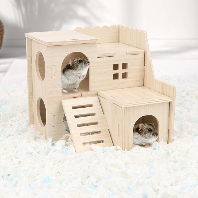 Wontee Dwarf Hamster Hideout Wooden House Maze Fun Slide Double-Decker Hut for Dwarf Hamsters Gerbils Mice or Similar Sized Pets