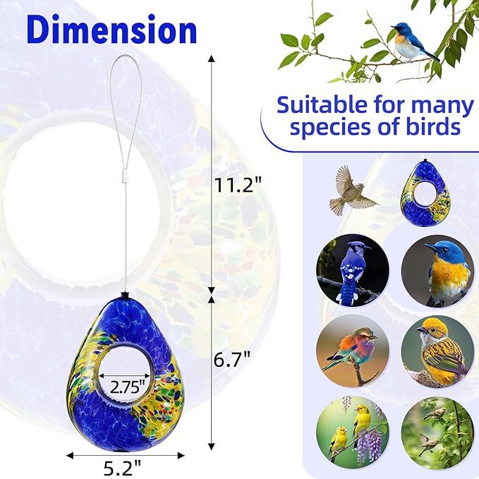 VOREEN Glass Bird Feeder, Fly Through Bird Feeders for Outdoor Hanging, Handmade Glass Wild Bird Feeder, for Garden, Yard, Backyard, Deck and Porch Decor, Gift for Mom Wife Friend, Blue Teardrop