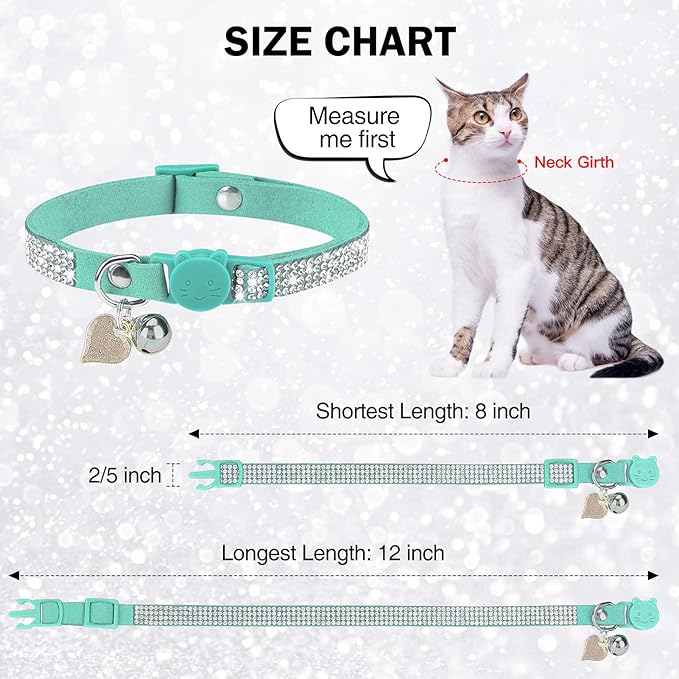 Rhinestone Cat Collar Breakaway with Bell, Diamond Cat Collar with Safety Buckle Quick Release for Girl Boy Small Kitten Pets Puppy,Cute Soft Female Male Cat Collars, Color Green 8-12"