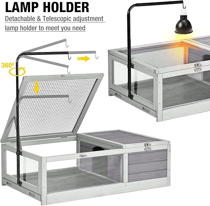 Tortoise Habitat Tortoise House Wooden Large Turtle Enclosure for Small Reptile Animals Outdoor & Indoor Use, Adjustable Lamp Holder Include