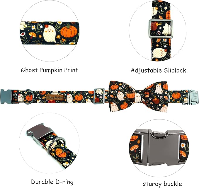 Halloween Dog Collar, Ghost Print Adjustable Pet Collar Fall Pumpkin Cute Cotton Soft Collars with Bow Tie Fall Metal Buckle Holiday Puppy Collars Boy&Girl Gift for X-Small Dogs