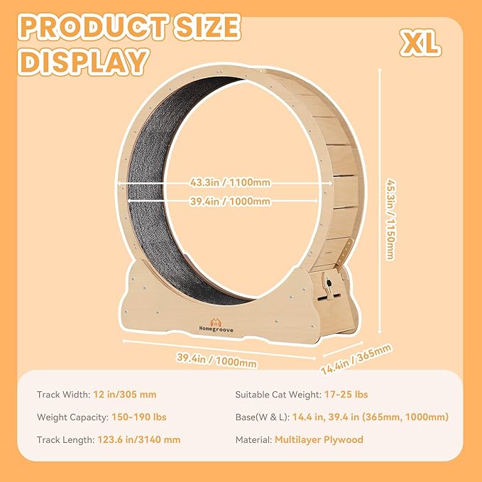 Homegroove Cat Exercise Wheel for Indoor Cats, 46" Large XL Cat Running Treadmill Wheel with Carpeted Runway for Kitty’s Longer Life, Natural Wood Color(XL)