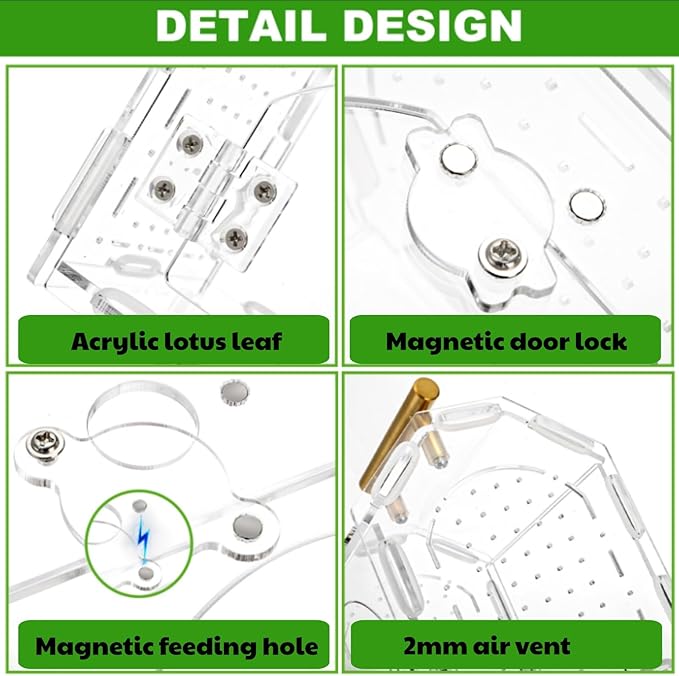 Jumping Spider Enclosure with Handle, Acrylic Reptile Habitat with One-Click Magnetic Closure, Front Opening Small Terrarium with Ventilation Holes for Tarantulas, Frogs, Gecko, Mantis