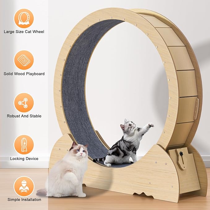 Cat Wheel, 46 Inch Cat Exercise Wheel for Indoor Cats, Silent Wooden Cats Treadmill with Stable Base and Anti-Scratch Liner