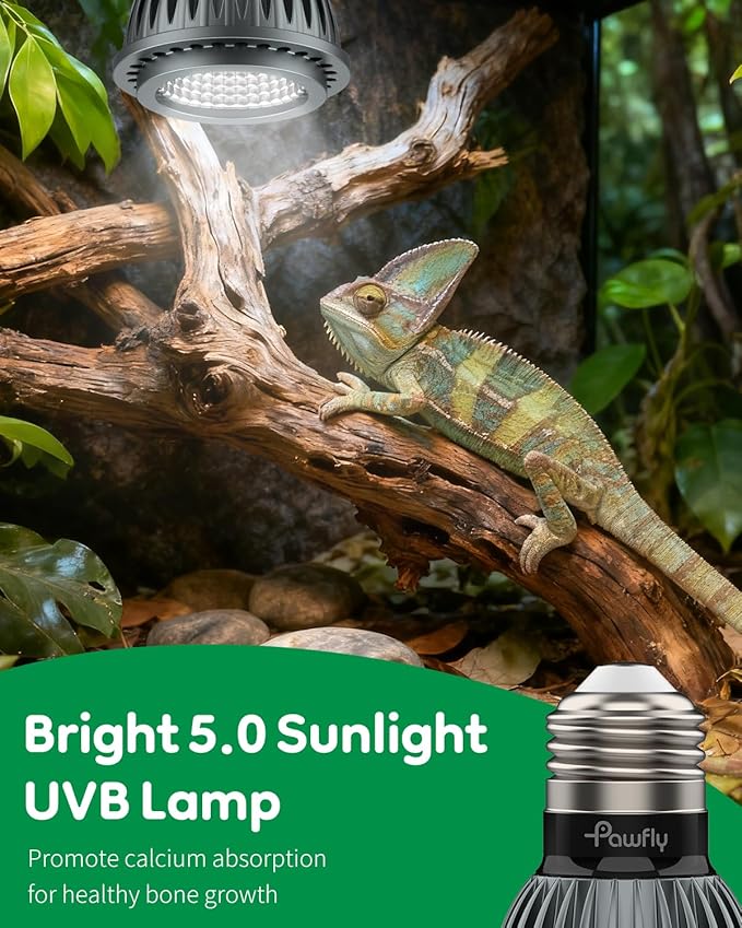 Pawfly UVB Light for Reptiles, 3 W 5.0 UVB Bulb, Tropical Reptile UVA UVB Lamp for Calcium & Vitamin D3 Synthesis, High Intensity LED Lamp for Turtle, Lizard & Red-Footed Tortoise