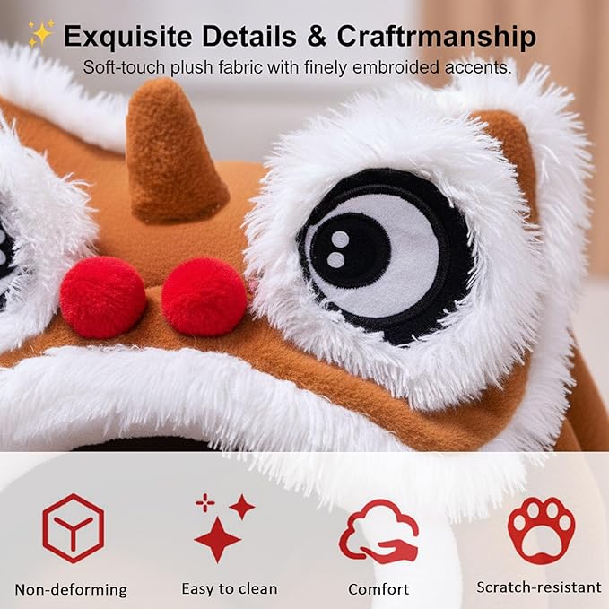 Cute Lion Head Pet Beds for Cats, Chinese Lion Dance Lion Cats Bed, Soft Cozy Plush Cat House & Dog Cave with Cushion for Small Medium Cats Dogs (Brown,L)