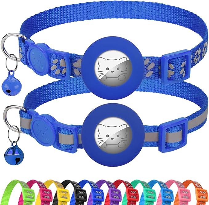 Joytale AirTag Cat Collar 2 Pack with Breakaway Safety Buckle, Reflective Cats Collar with AirTag Holder, Adjustable 7.5-12.5 Inch, Anti-Fraying Lightweight for Girl Boy Kitten, Navy Blue