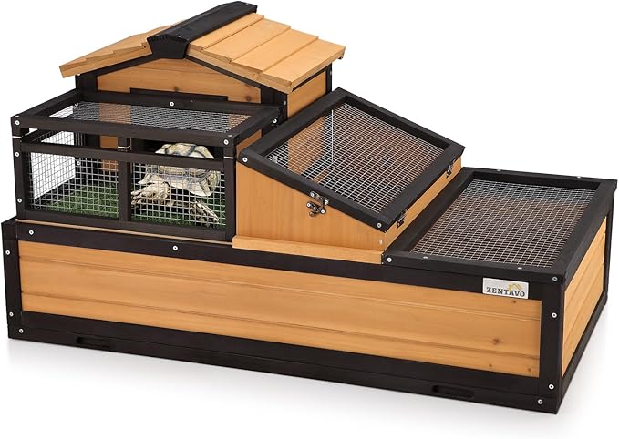 3-Room Large Tortoise Habitat with Pull-Out Tray, Wooden Tortoise Enclosure Indoor & Outdoor with Ramp, Grass Mat, Openable Roof, Luxurious Reptile Enclosure for Small Animals, Yellow